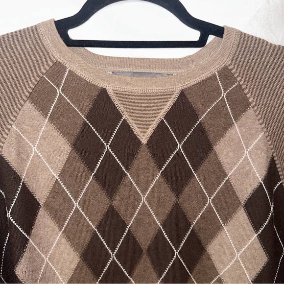 Old Navy Sweater Mens Large Argyle Brown Striped Long Sleeves 100% Cotton - Picture 3 of 8